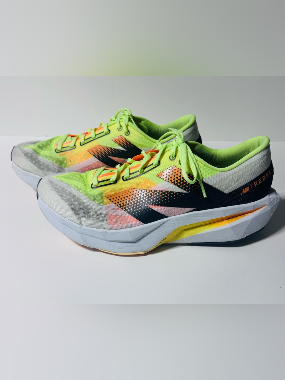 New Balance FuelCell Rebel v4 - Men's Size 13 - White/Bleached Lime/Hot Mango
